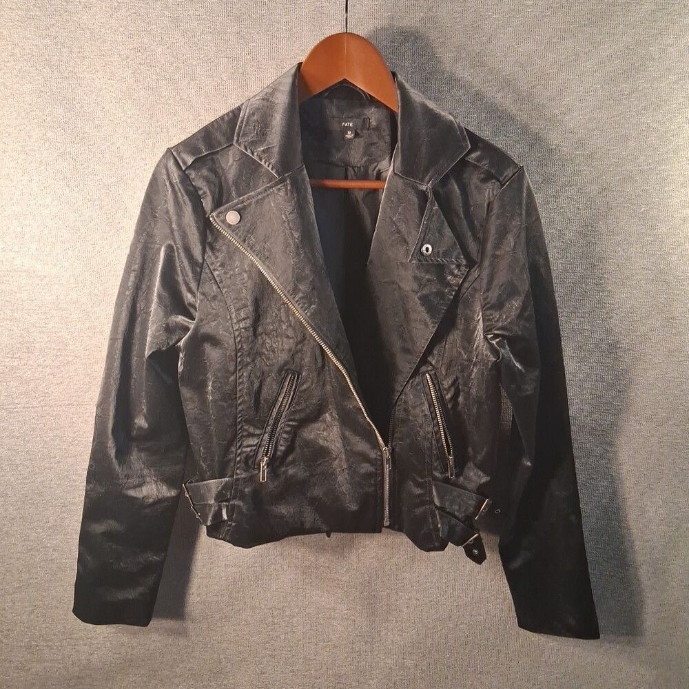 FATE Womens Black Faux Leather Moto Biker Jacket Size Medium Asymmetrical Zip